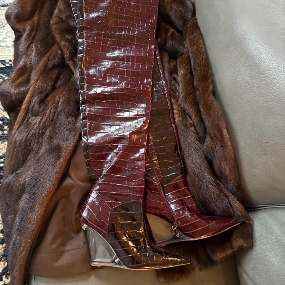 Stuart Weitzman Burgundy Croc Over the Knee Boots
